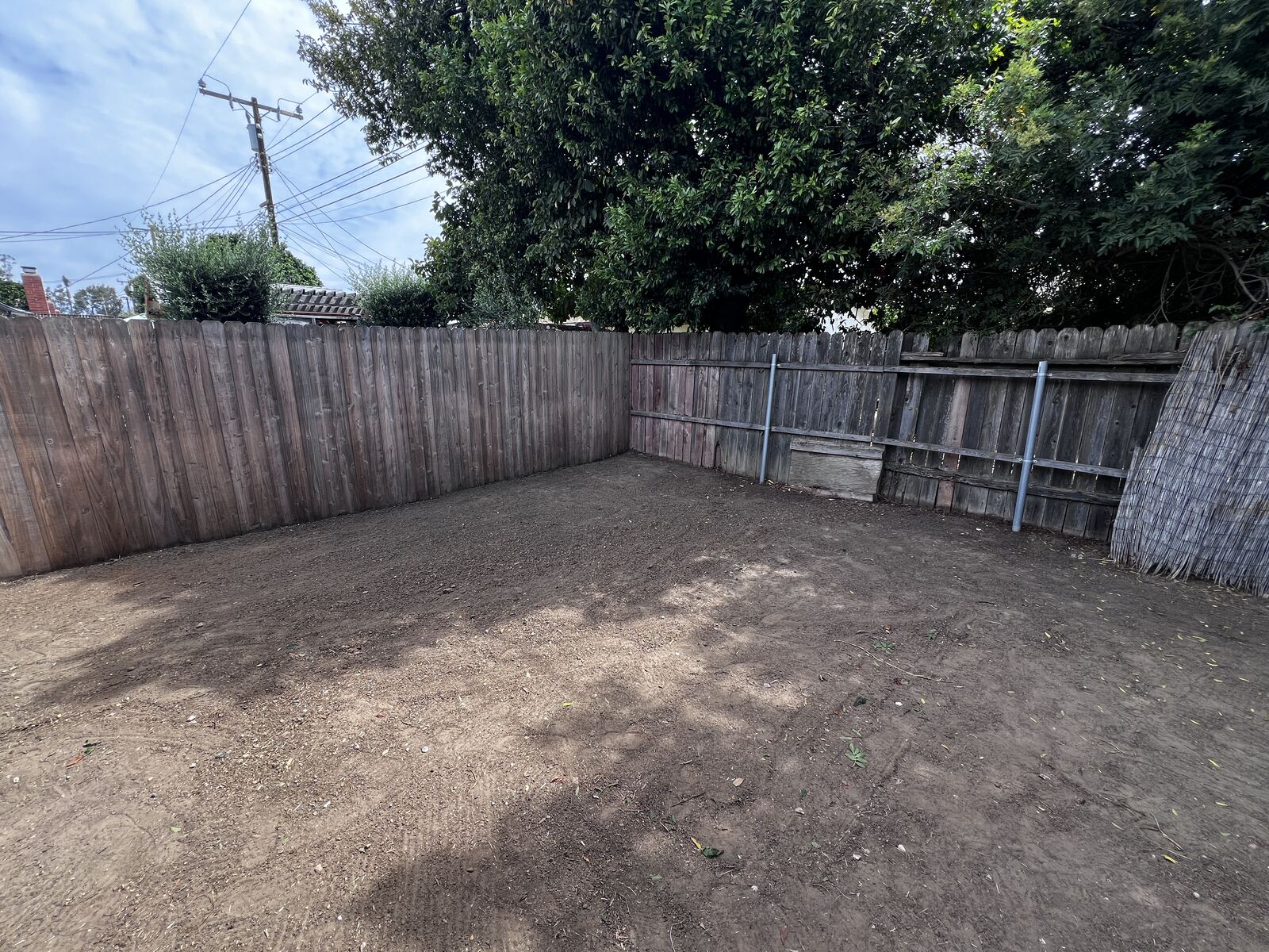 Same backyard cleared down to bare dirt after cleanup